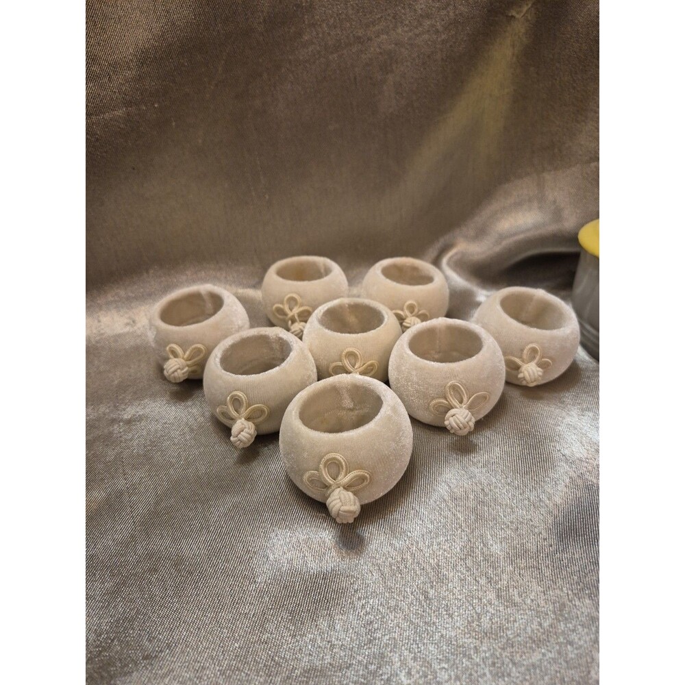 Vintage Velour Ivory Napkin Rings With Applique Set Of 8